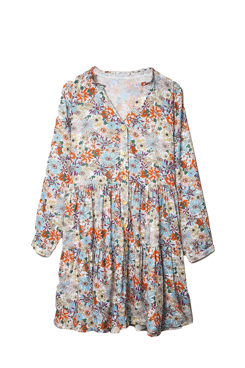 Multicolor Floral Print Split V Neck Long Sleeve Tunic Dress