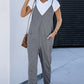 Black Textured Sleeveless V-Neck Pocketed Casual Jumpsuit