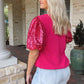 Rose Red Sequins Splicing Puff Sleeve T-Shirt