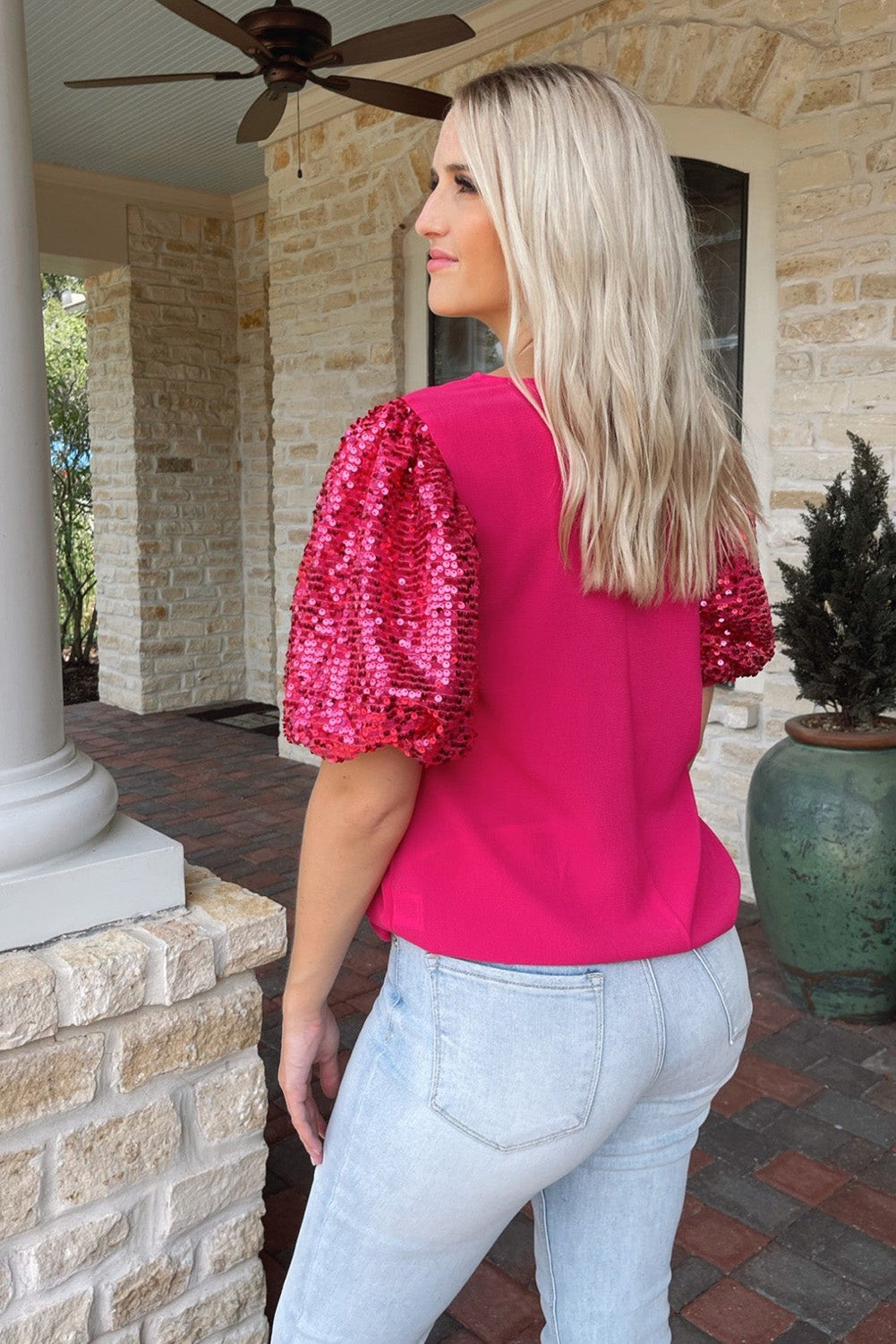 Rose Red Sequins Splicing Puff Sleeve T-Shirt
