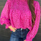 Rose Leopard Shirred Puff Sleeve Flowy Blouse