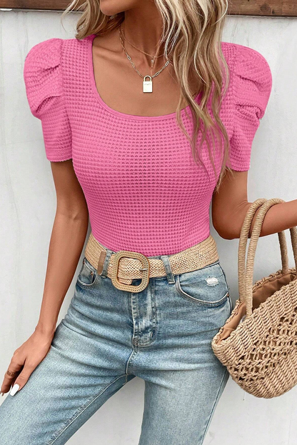 Black Scoop Neck Waffle Knit Puff Sleeve Top