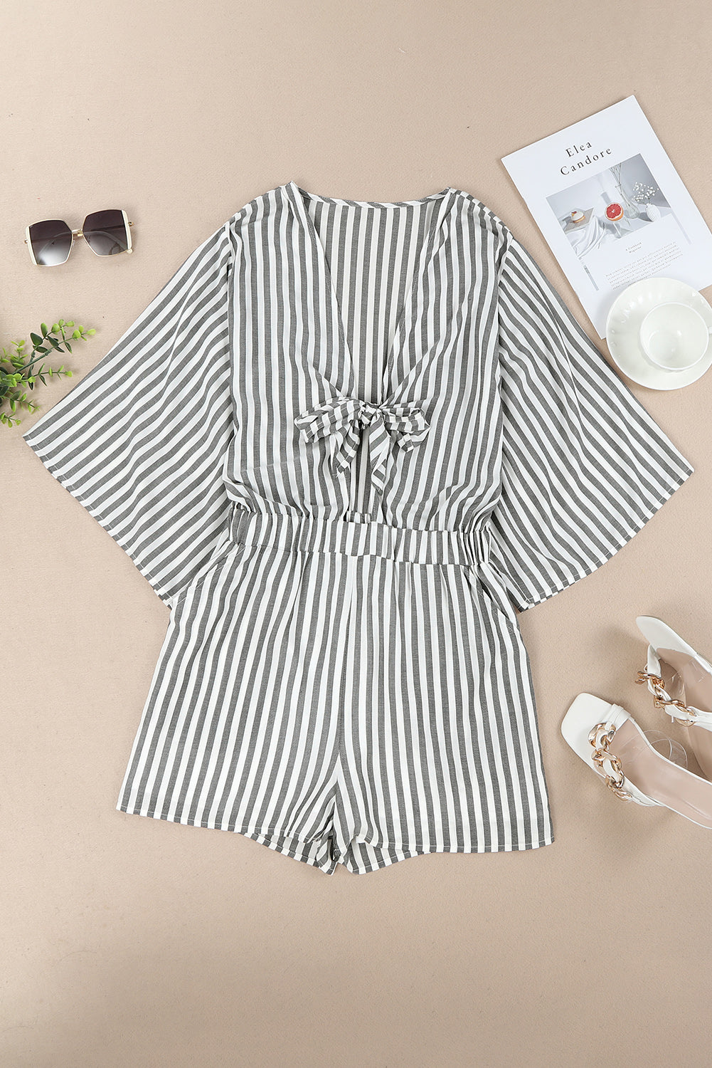 Grey Striped Print Tie Knot Front Romper With Pockets