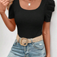 Black Scoop Neck Waffle Knit Puff Sleeve Top