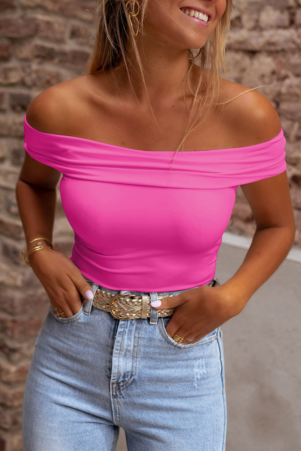 Bright Pink Solid Color Folded Off Shoulder Slim Shirt