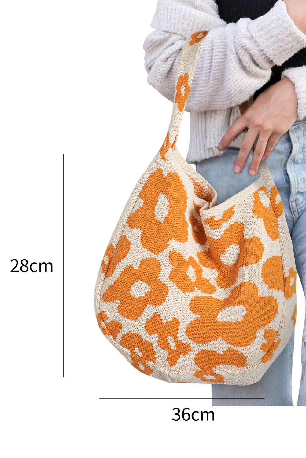 Mustard Flower Print Knitted Large Single Shoulder Bag
