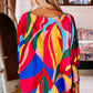 Multicolor Abstract Print Smocked Cuffs 3/4 Sleeve Blouse
