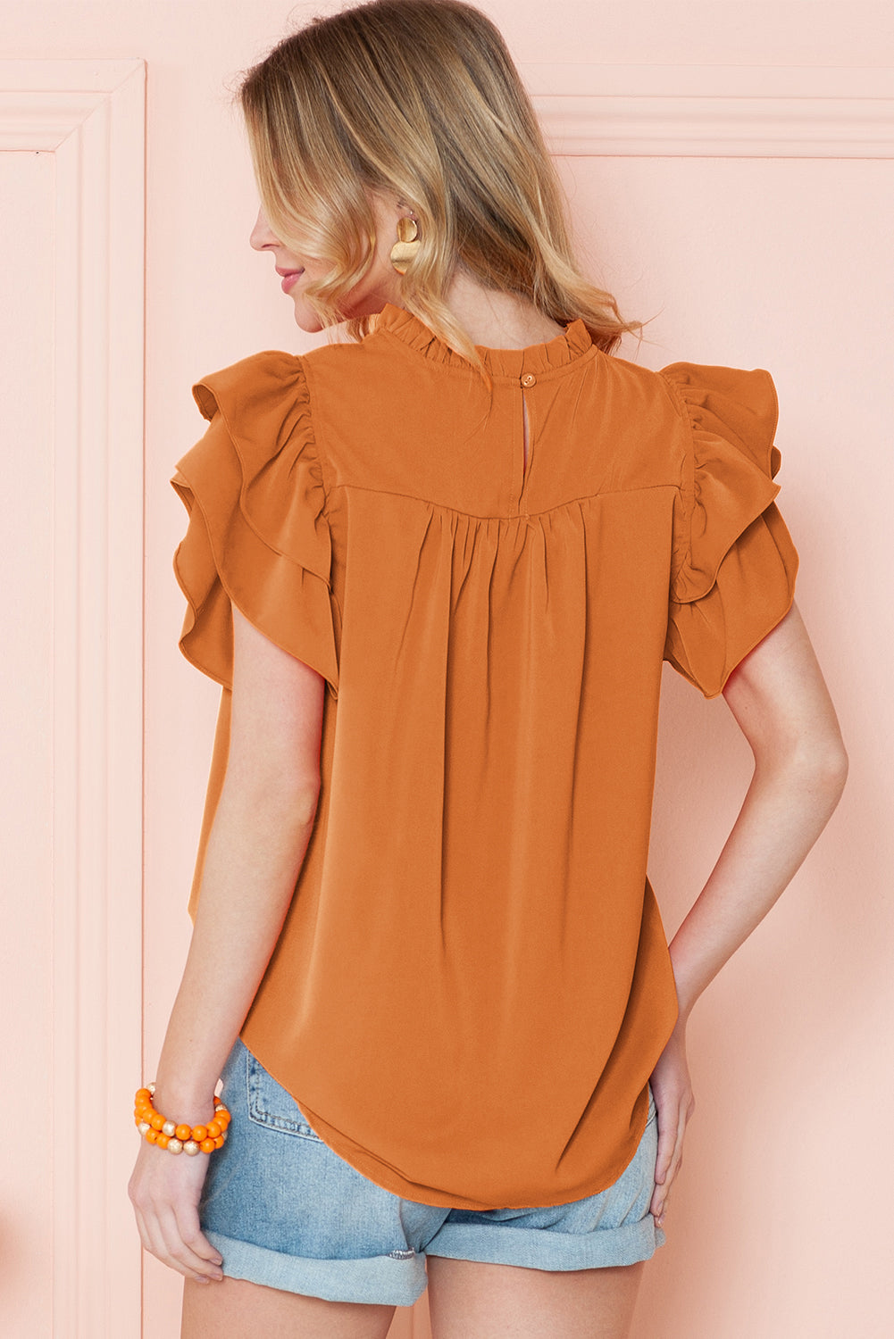 White Ruched Frilled Neck Ruffle Blouse