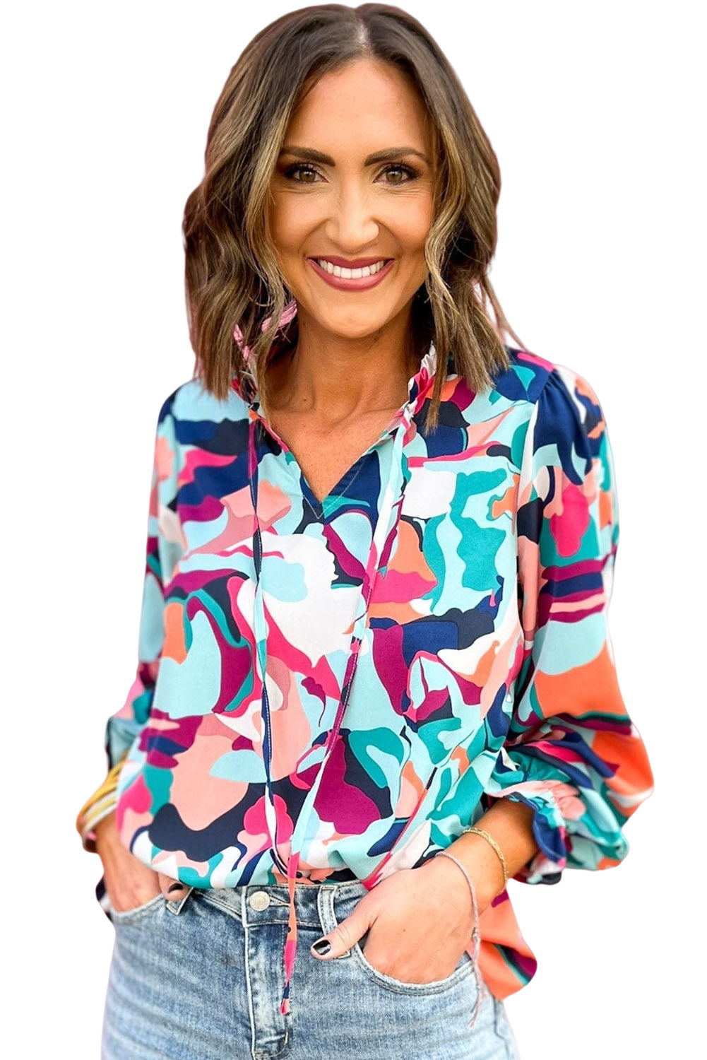 Multicolor Abstract Print Frill Tie V Neck Peasant Blouse