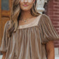 Taupe Pleated Lantern Sleeve Square Neck Blouse