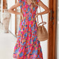 Rose Red Boho Floral V Neck Ruffle Tiered Long Dress