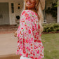 Pink Floral Ruffled Half Sleeve V-Neck Plus Size Blouse