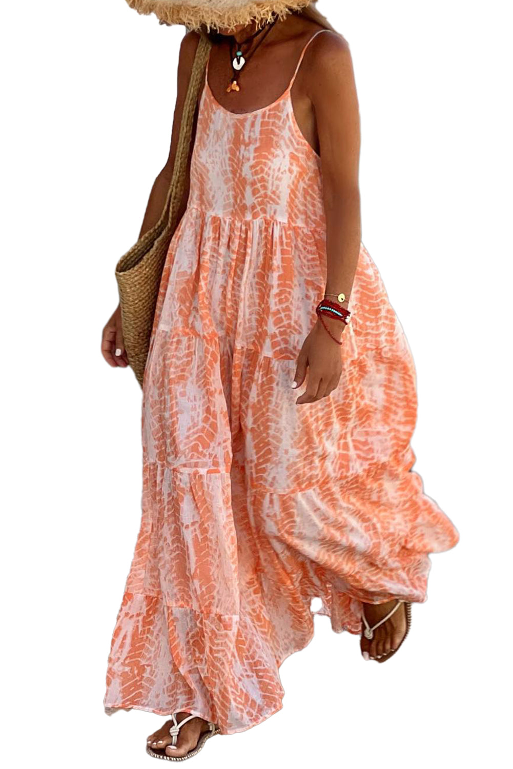 Orange Abstract Print Backless Tiered Maxi Dress