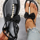 Black Cute Bowknot Pearl Embellished T Strap Sandals