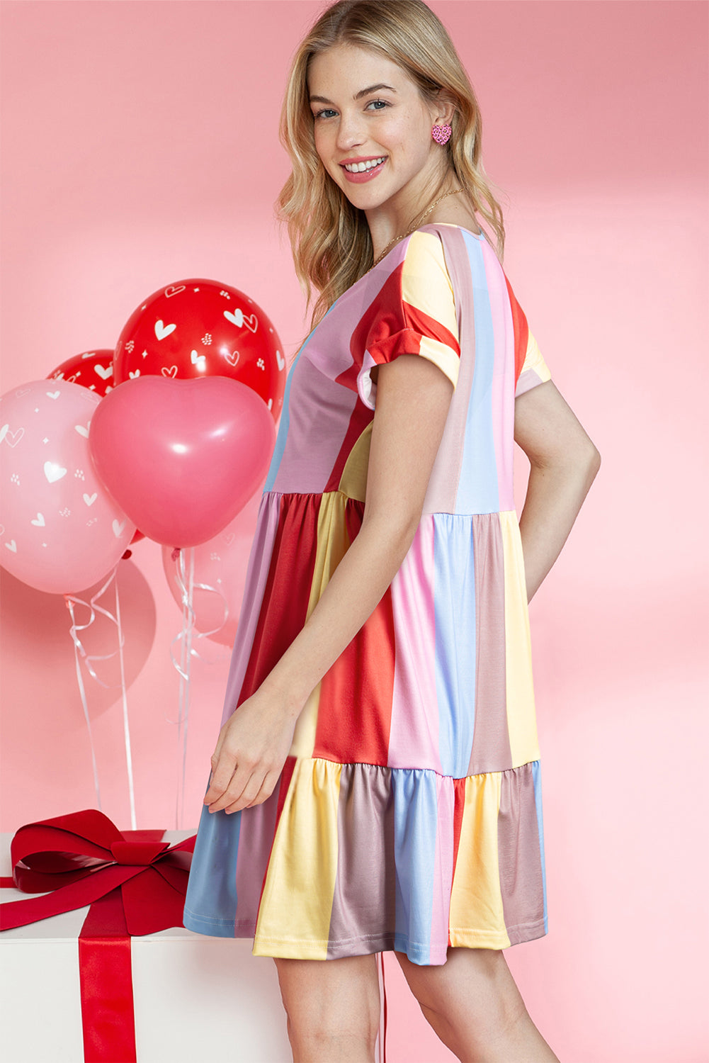Red Multicolor Striped Color Block Tiered Short Dress