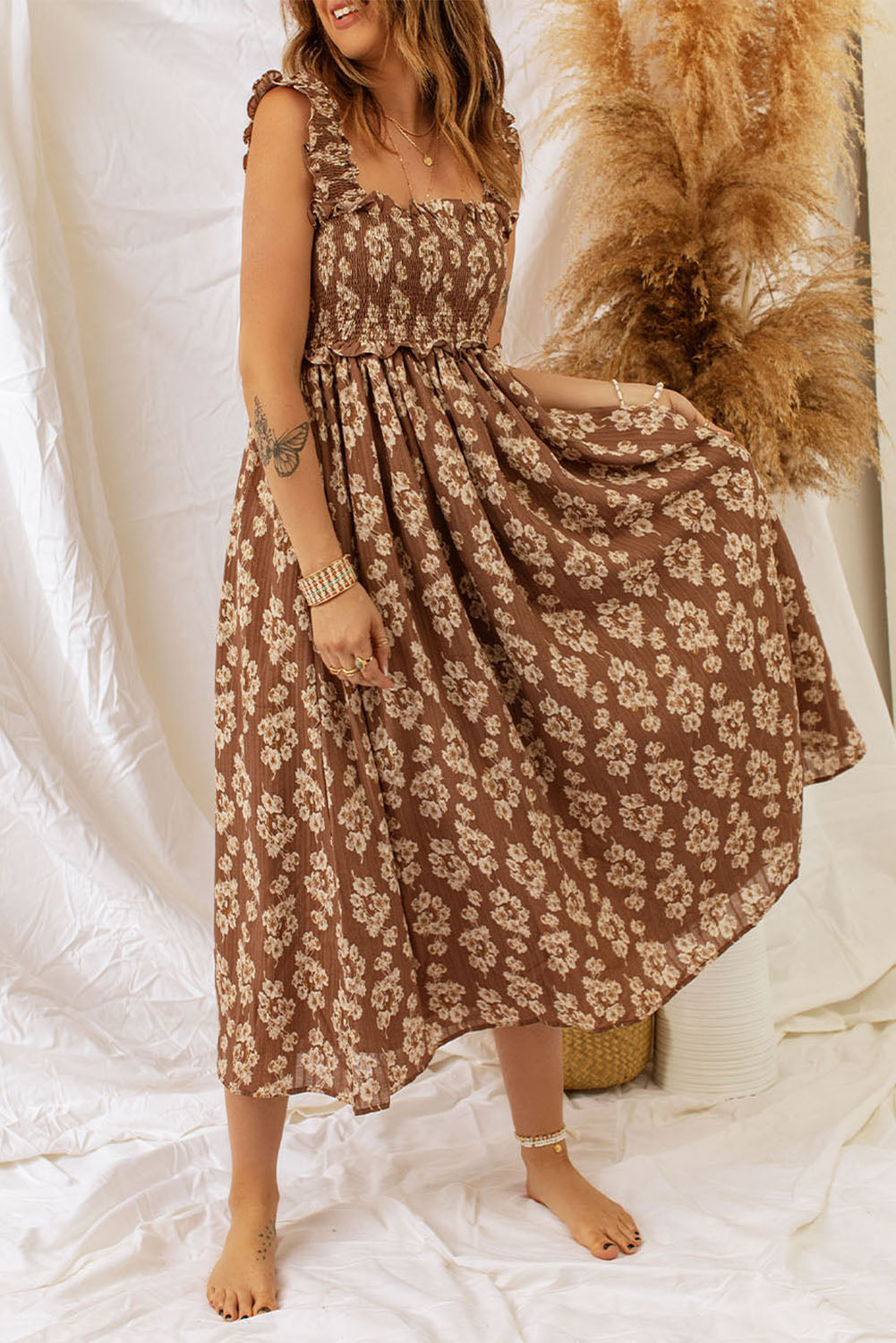 Brown Floral Print Casual Ruffle Straps Smocked Maxi Dress