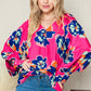 Rose Floral Print V Neck Puff Sleeve Blouse