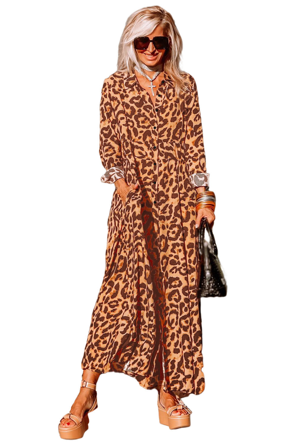 Leopard Print Button-Up Long Sleeve Maxi Dress