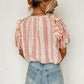 Red Frilled Short Puff Sleeve Mixed Print Blouse