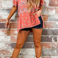 Red Paisley Print Round Neck Split Long T Shirt