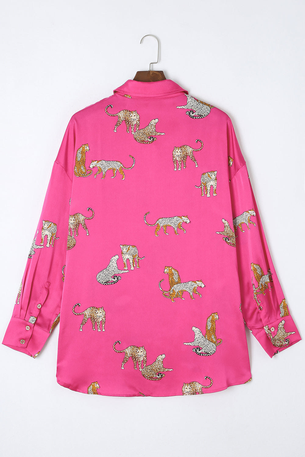 Rose Red Animal Print Button Up Satin Shirt