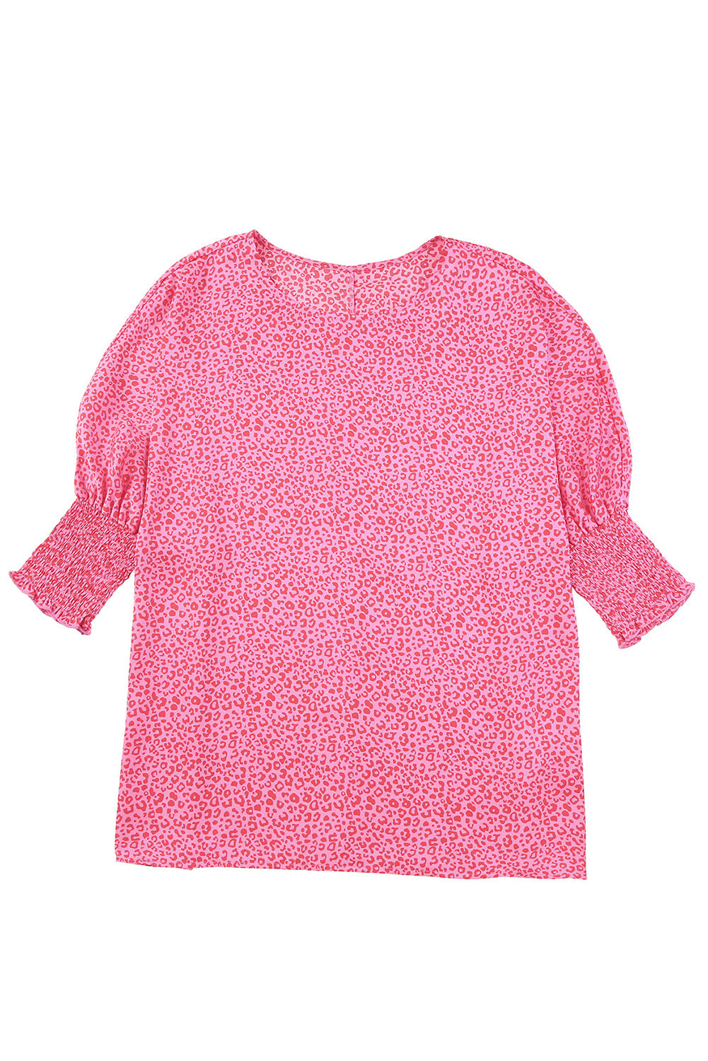 Pink Leopard Puff Sleeve Shirred Cuffs Oversized Blouse