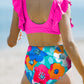 Rose V Neck Ruffles Floral Print High Waist Two Piece Swimsuit