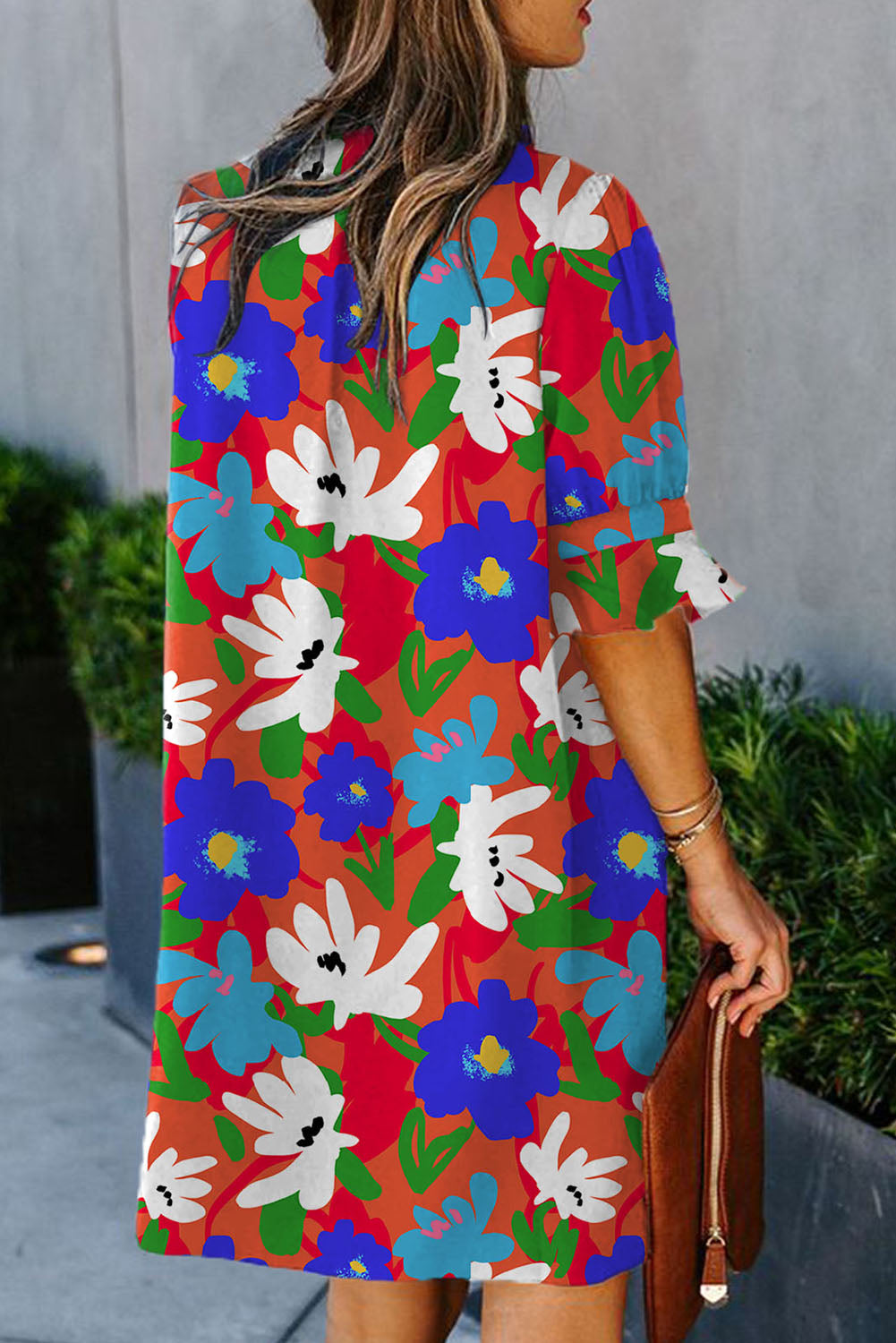 Multicolor Floral Print Mandarin Collar Short Sleeve Tunic Dress