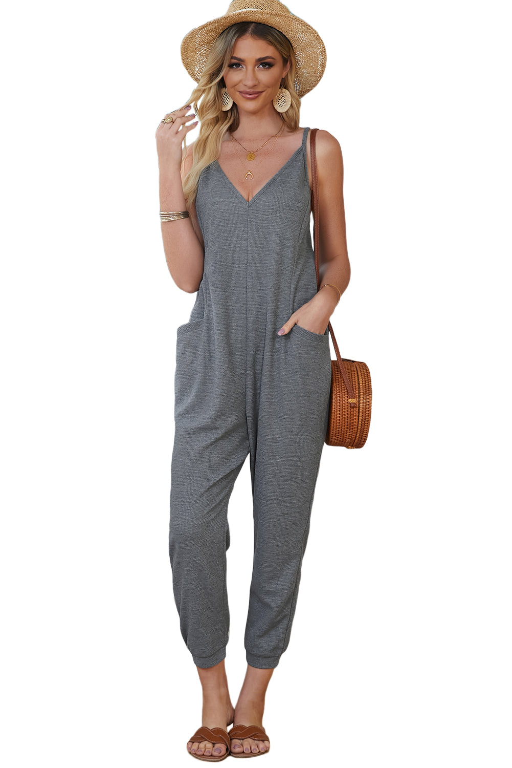 Black Textured Sleeveless V-Neck Pocketed Casual Jumpsuit