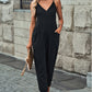 Black Textured Sleeveless V-Neck Pocketed Casual Jumpsuit