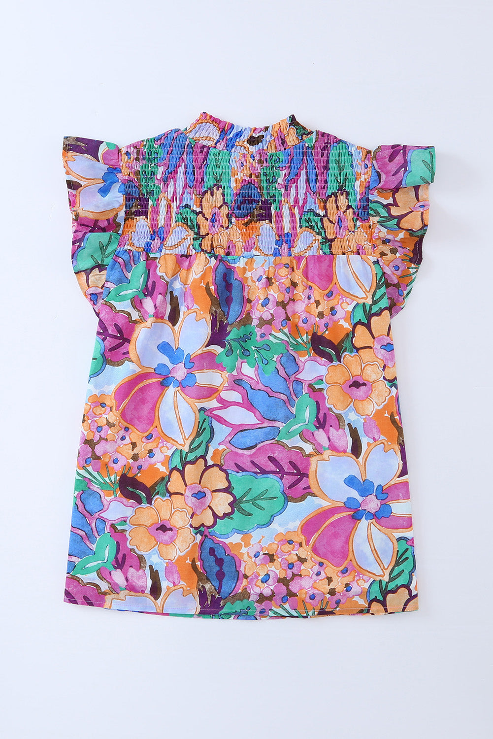 Multicolor Floral Print Ruffle Sleeveless Smocked Blouse