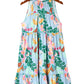 Light Blue Floral Print Ruffled Lace-up Frill Neck Sleeveless Dress