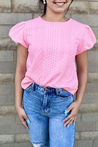 Pink Textured Puff Sleeve Round Neck T-Shirt
