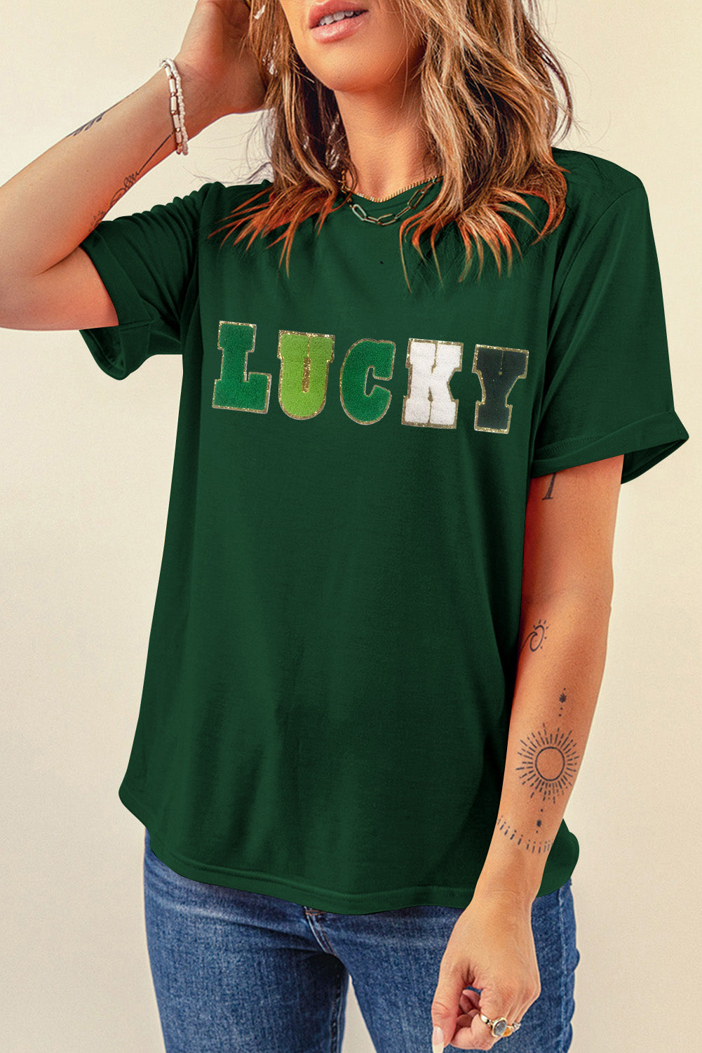 Green LUCKY Glitter Chenille Patched Graphic Crew Neck T Shirt