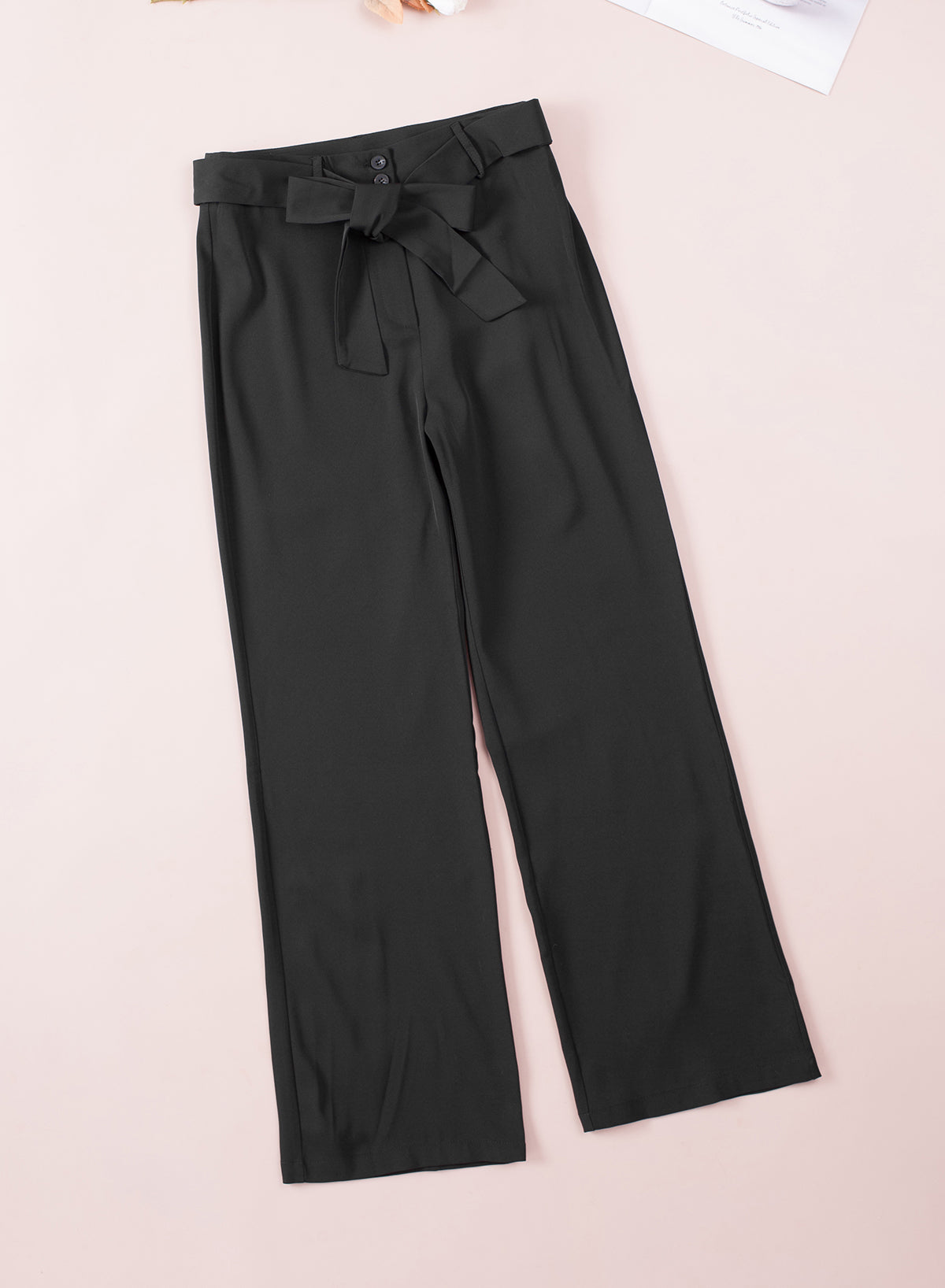 Black Belted Wide Leg High Waisted Pants for Women