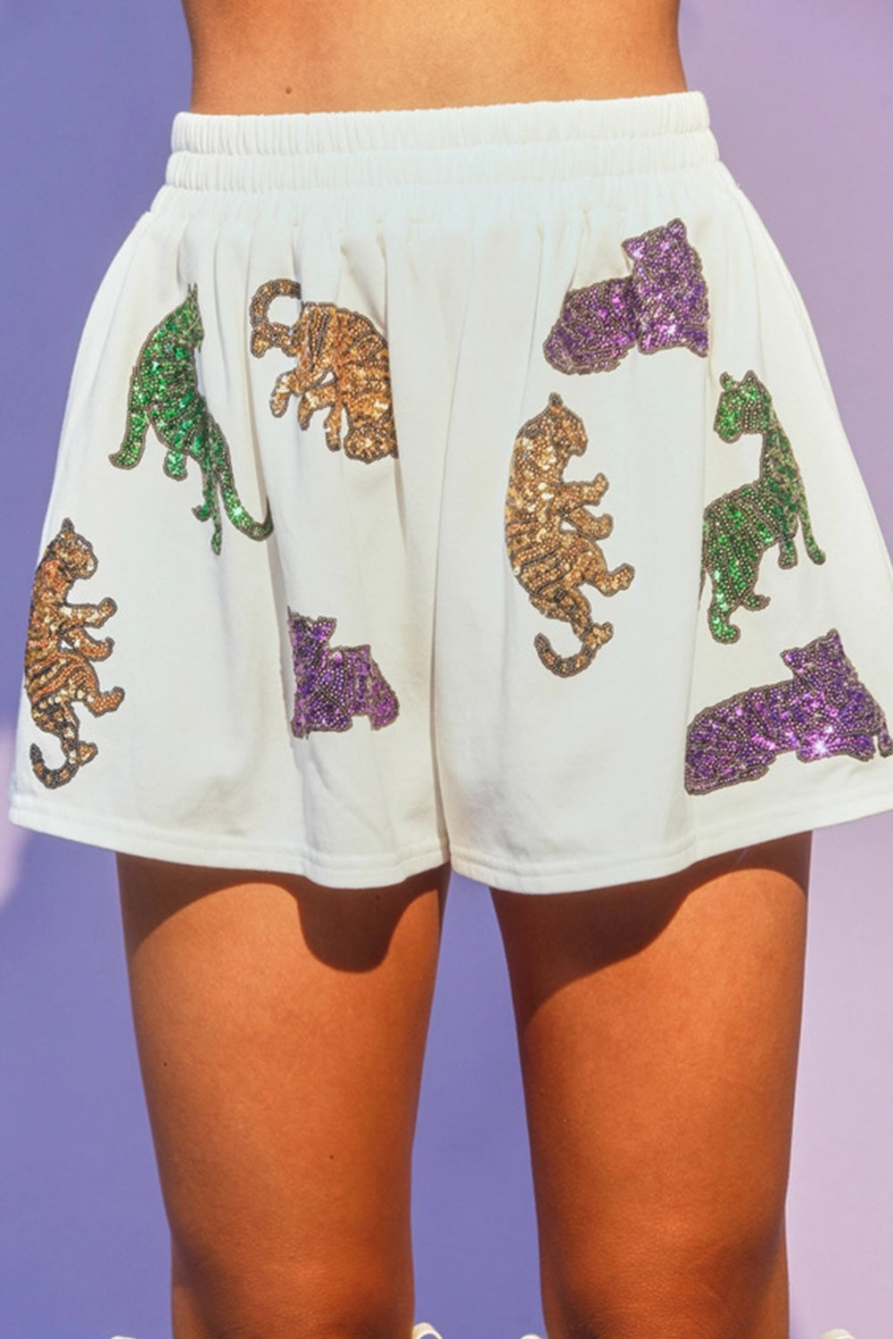 White Mardi Gras Sequin Pattern Puff Sleeve Tee and Shorts Set