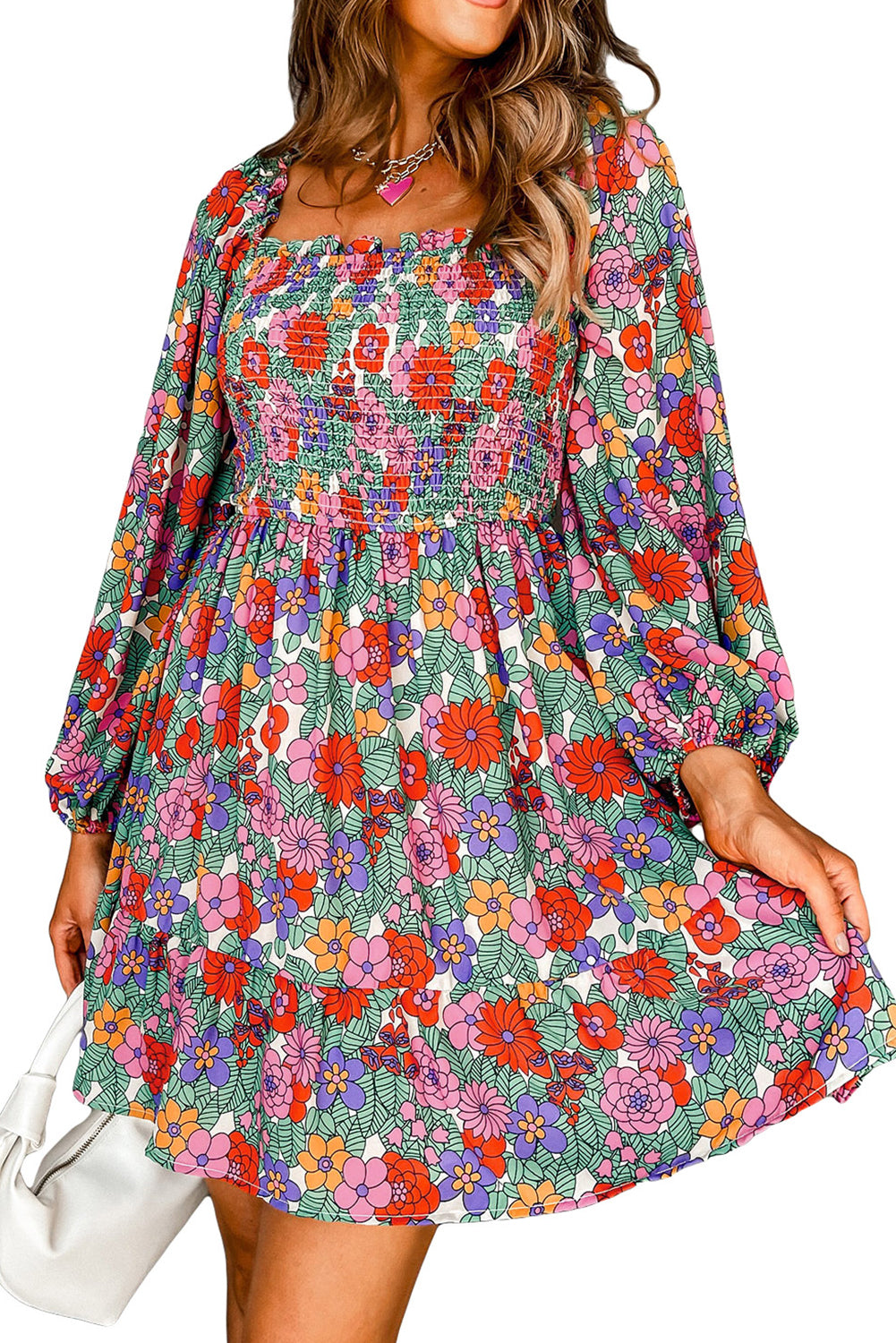 Multicolour Floral Smocked Bust Square Neck Ruffled Dress