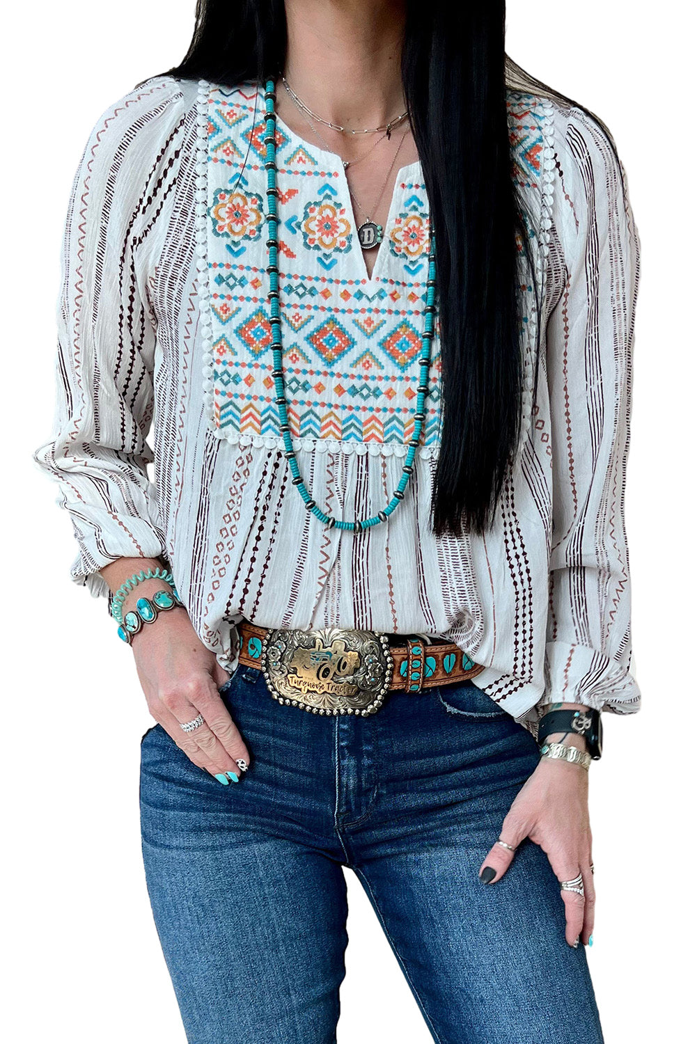 White Notched V Neck Striped Geometric Embroidered Blouse