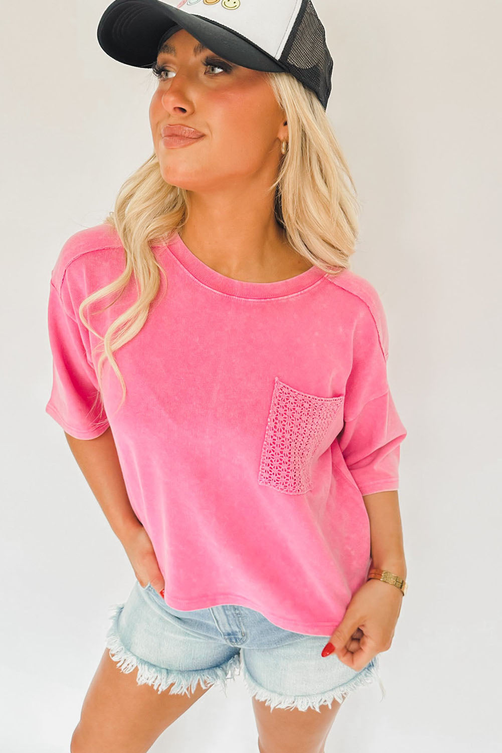 Pink Washed Short Sleeve T Shirt with Crochet Pocket