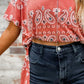 Red Paisley Print Round Neck Split Long T Shirt